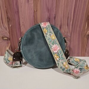 Portland Leather Round Crossbody Bag - Teal with Floral Strap